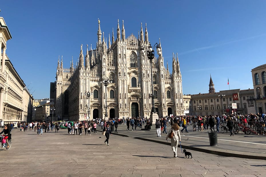 Gothic facade of the Duomo di Milano cathedral, the first stop on a half day in Milan before Lake Como