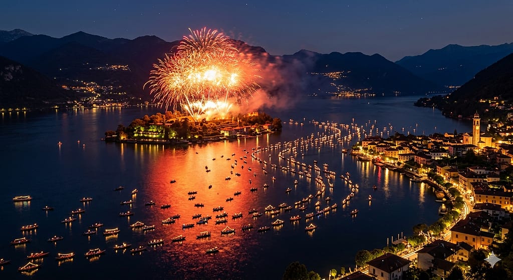 A spectacular display of red and gold fireworks over Isola Comacina on Lake Como, with traditional illuminated boats forming a trail on the water during the Sagra di San Giovanni festival