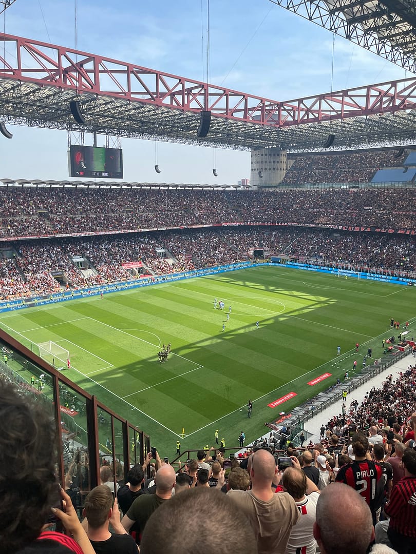 View of the football field and stands inside the San Siro stadium in Milan