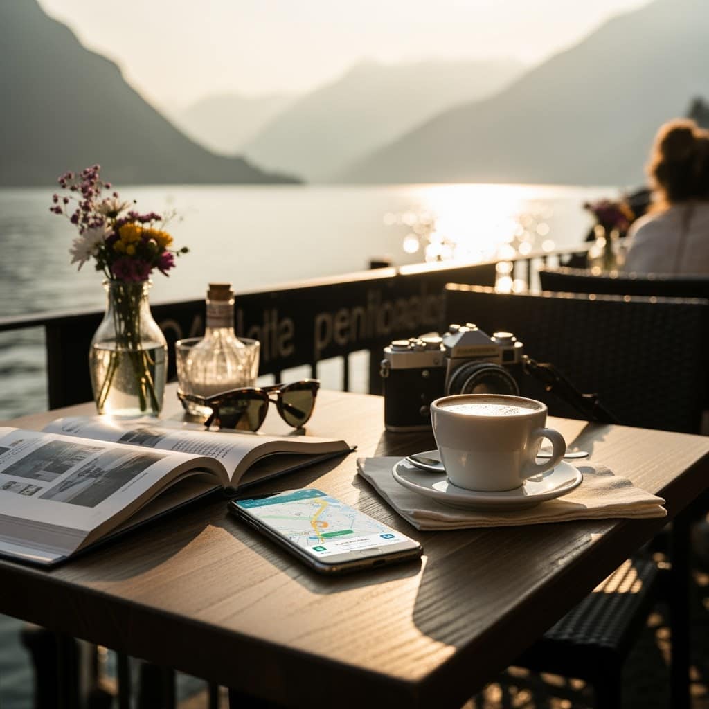 A relaxing morning at Lake Como with a smartphone using an eSIM Italy 2026 plan, a book, and coffee on a lakeside table