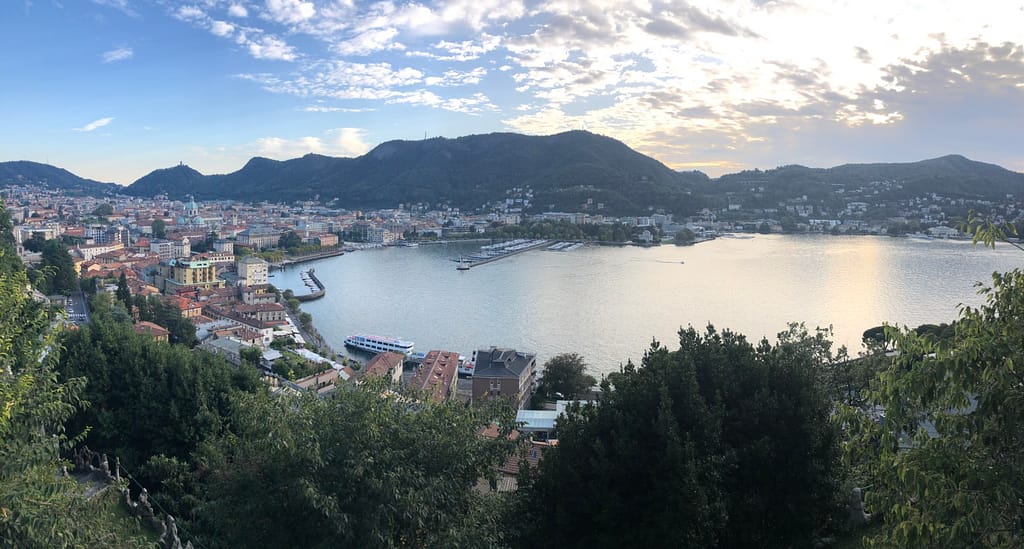 View over Lake Como's first basin, including Como town and Cernobbio, seen from the hillside village of Brunate above Como