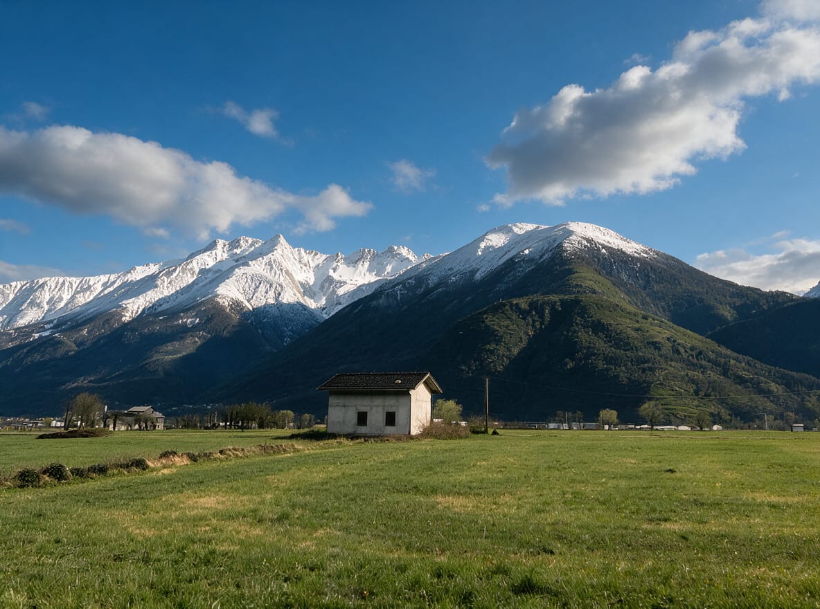 Snow-capped mountains along the road through the Pian di Spagna valley between Colico and Chiavenna