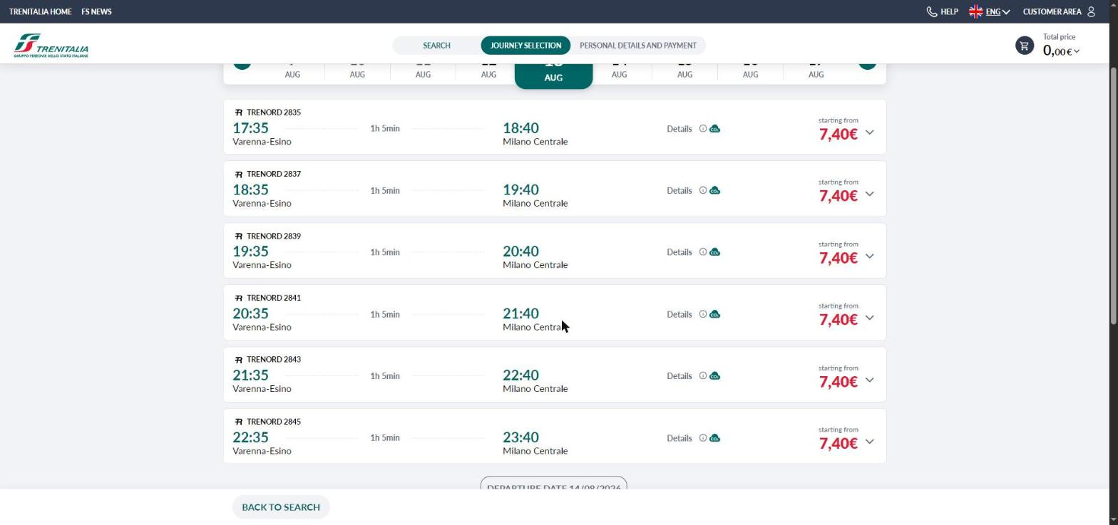 Trenitalia booking screenshot showing hourly trains from Varenna-Esino to Milano Centrale, with the last departure at 22:35, priced at 7.40 euros
