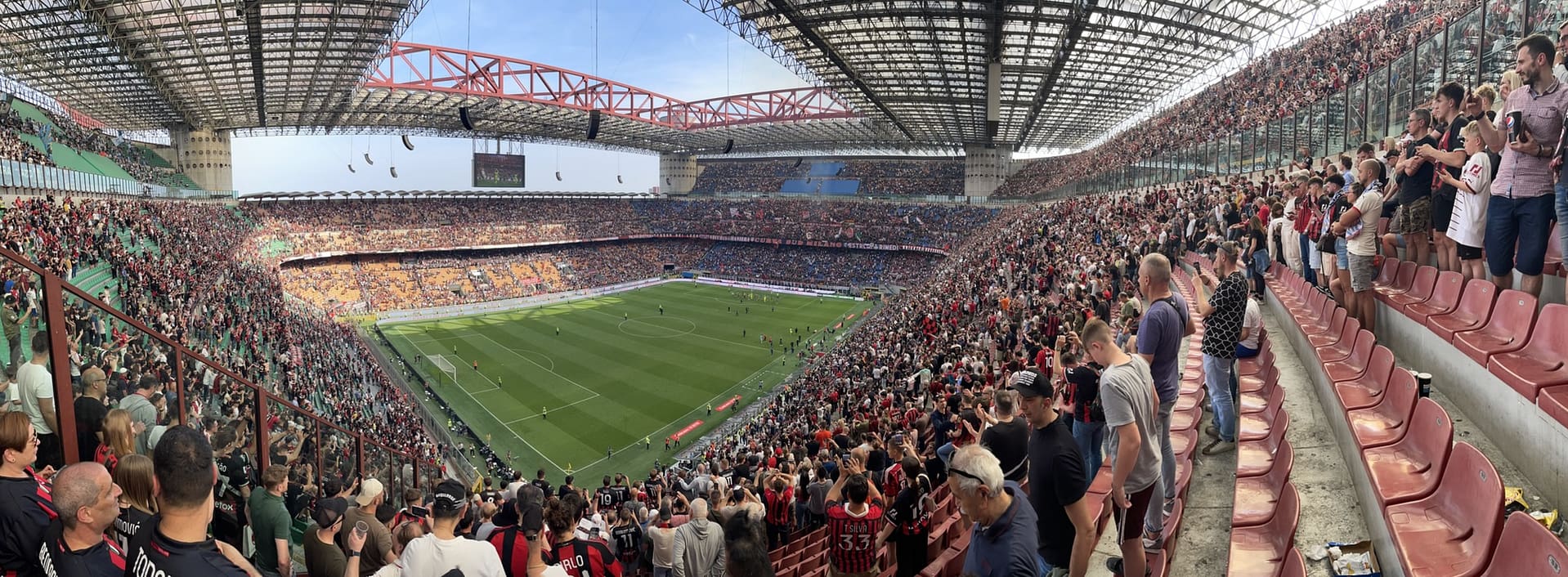 Panoramic view of the football pitch and stands inside the San Siro stadium in Milan