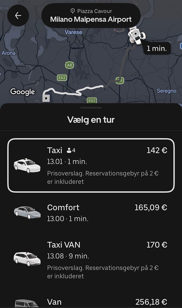 Uber app showing real price estimates for Taxi, Comfort, and Taxi VAN from Piazza Cavour to Malpensa Airport