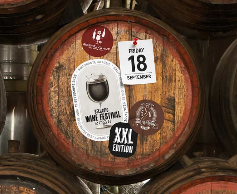 Bellagio Wine Festival 2026 official website screenshot with wine barrel graphic, held September 18 as part of Lake Como events in September 2026
