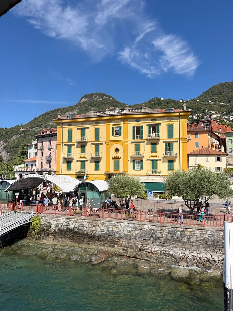 View of Varenna's waterfront while arriving by Lake Como ferry