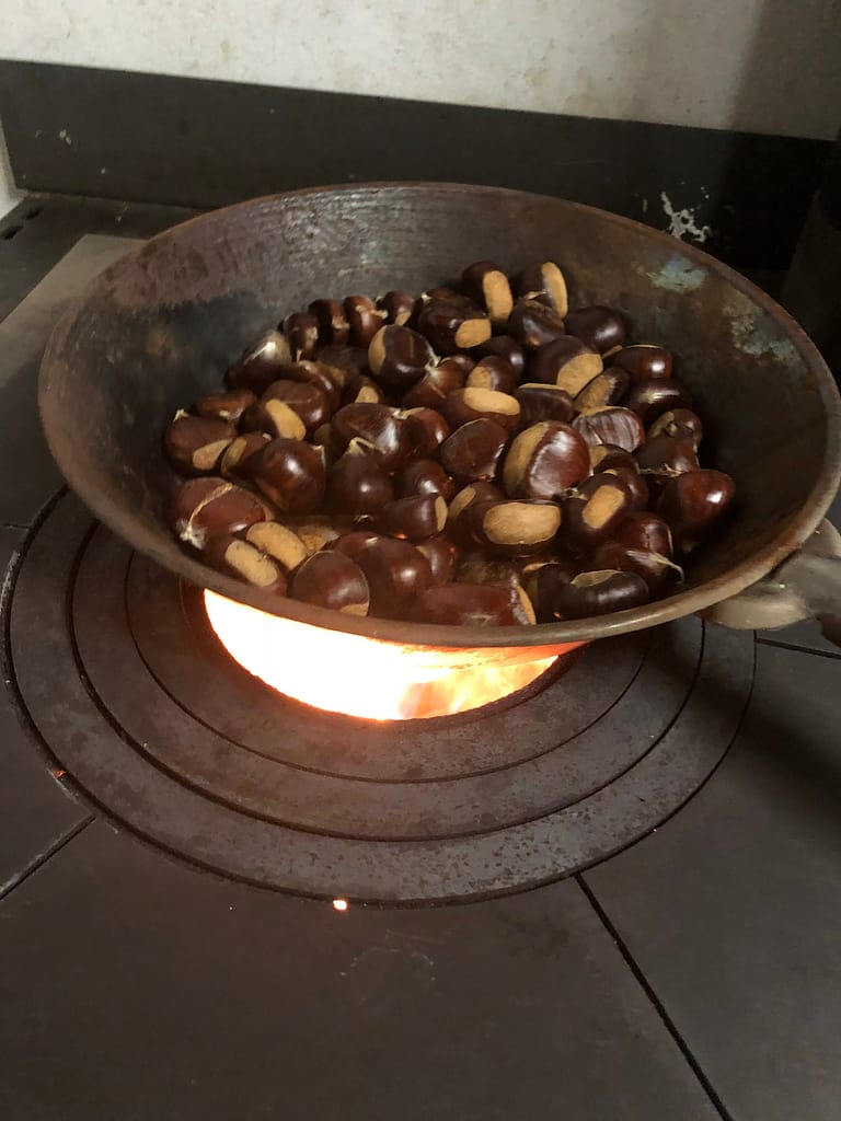 Chestnuts roasting in a traditional pierced pan over an open fire at a castagnata chestnut festival on Lake Como in October