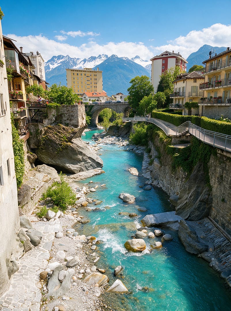 The river running through the historic center of Chiavenna, near the entrance to Valchiavenna