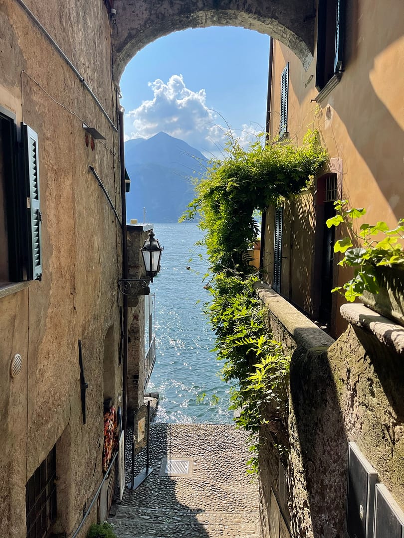 View of Lake Como and the surrounding mountains from Varenna village