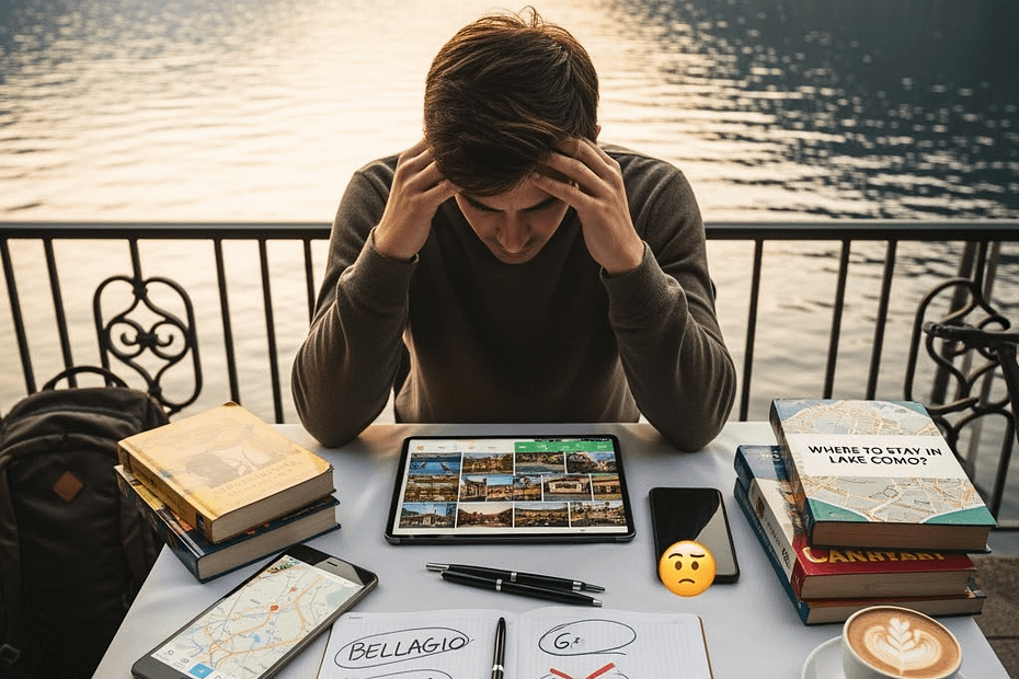 Man looking frustrated because he does not know where to stay in Lake Como