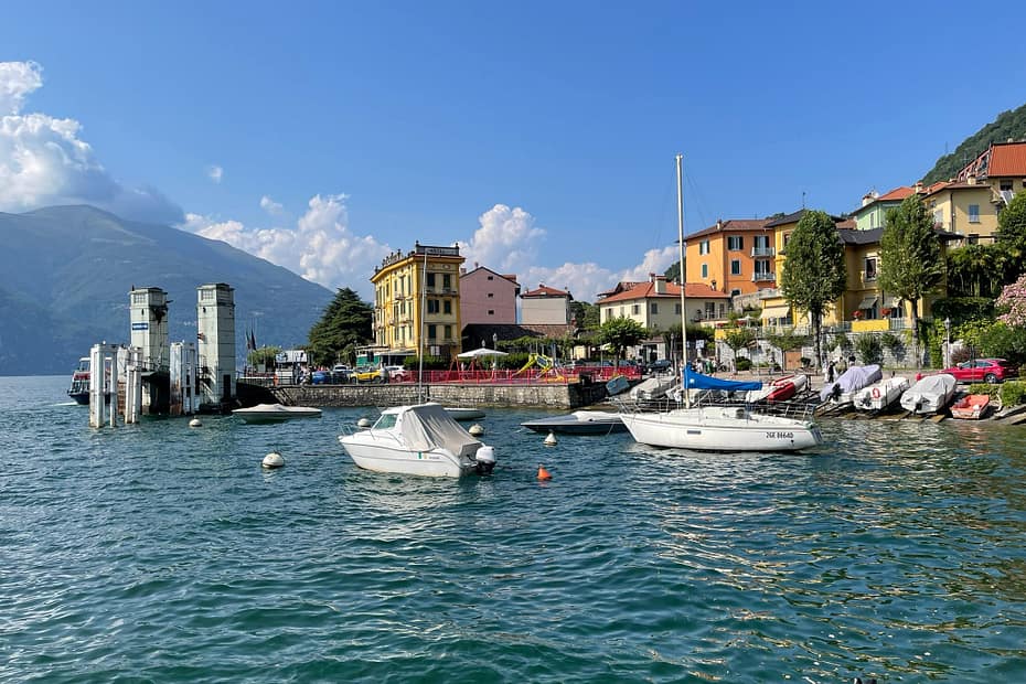 Aerial view of the colorful lakefront village of Varenna on Lake Como