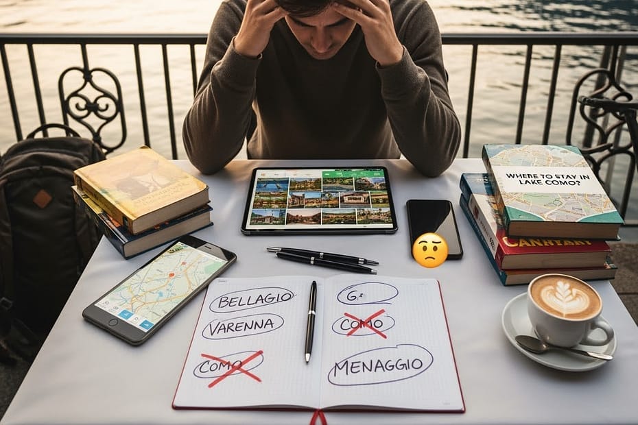 Man looking frustrated because he does not know where to stay in Lake Como