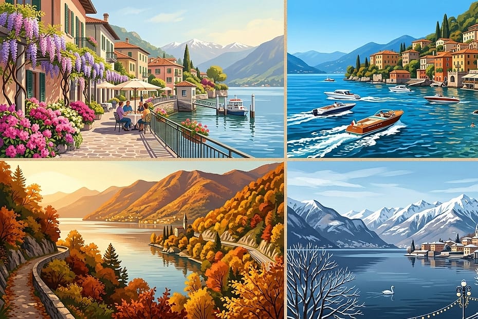 A collage showing the four seasons of Lake Como with spring wisteria, summer boats, autumn foliage, and winter snow-capped mountains.