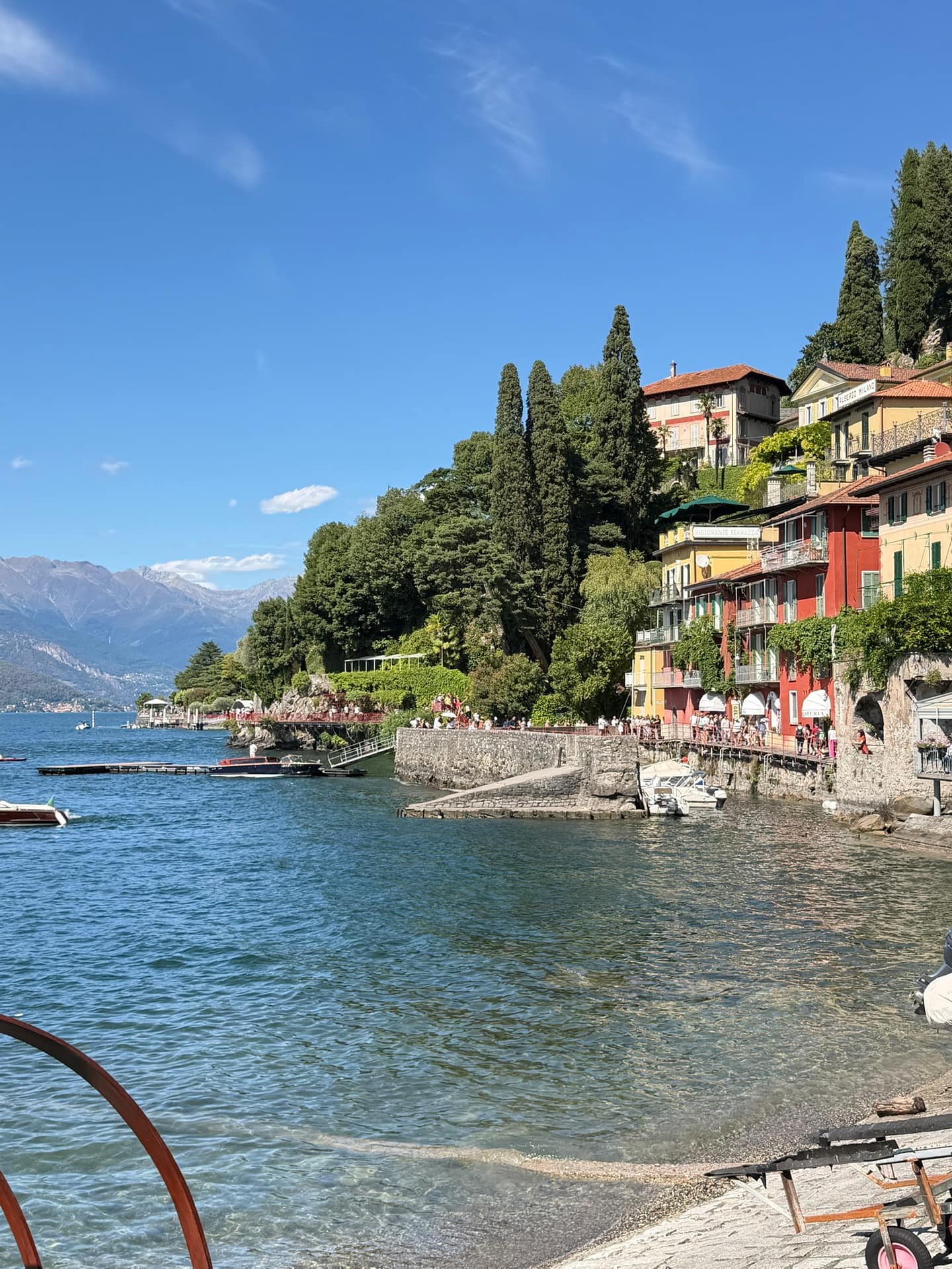 Varenna's colorful waterfront buildings viewed from land