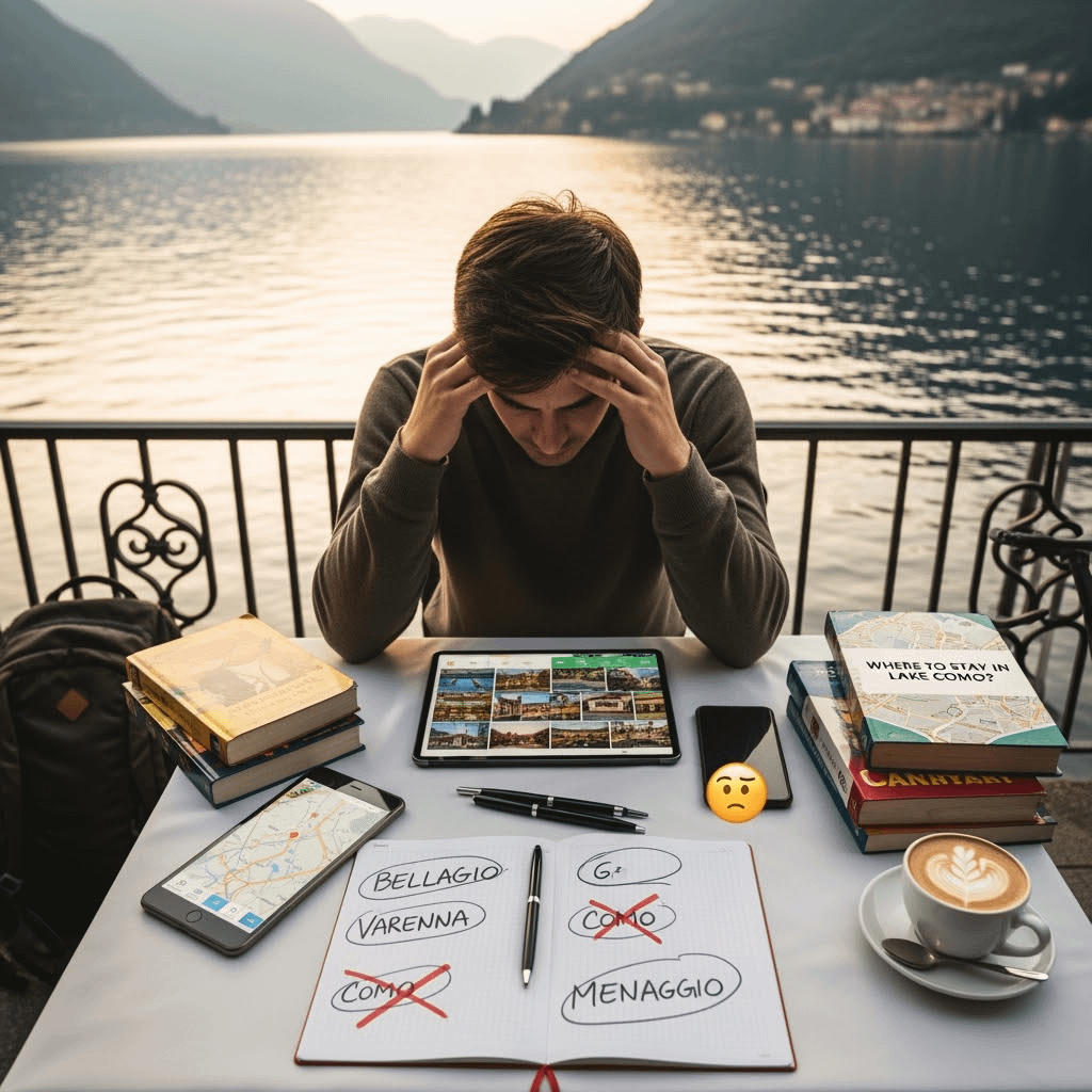 Man looking frustrated because he does not know where to stay in Lake Como